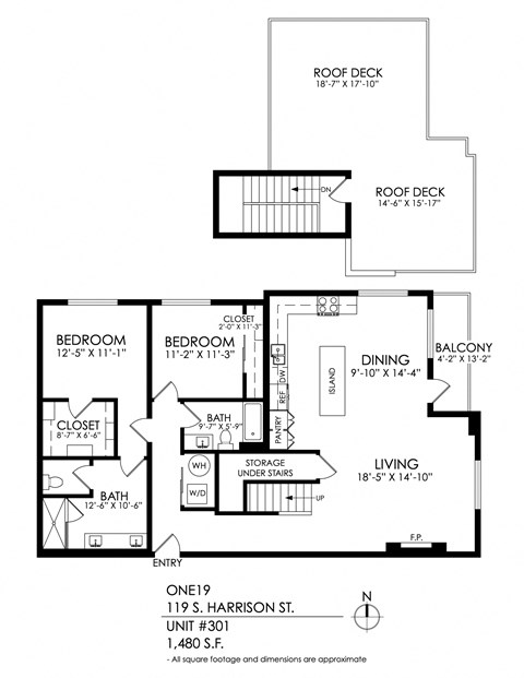 Floor plan for 2 beds, 2 baths